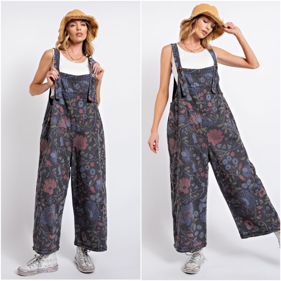 Easel Vintage Wash Floral Print Denim Oversized Overalls Jumpsuit - Picture 3 of 6